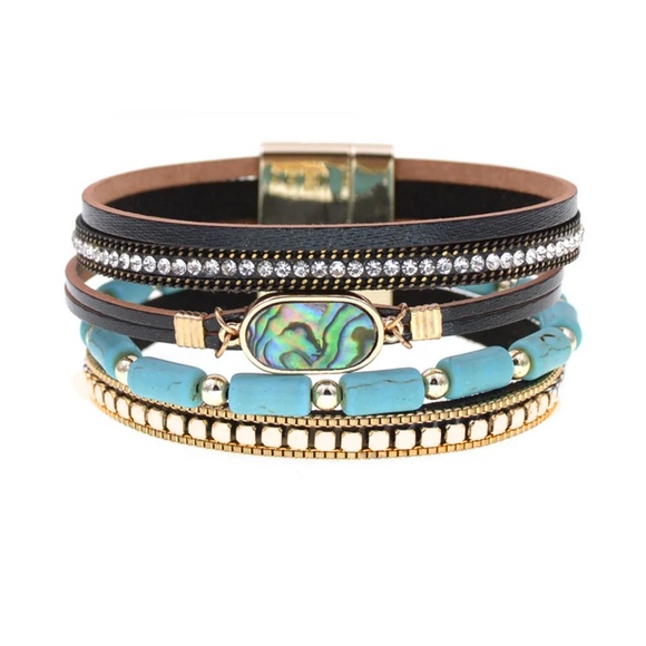 NWT Turquoise & Black Leather Bracelet with Abalone Stone - Picture 1 of 1